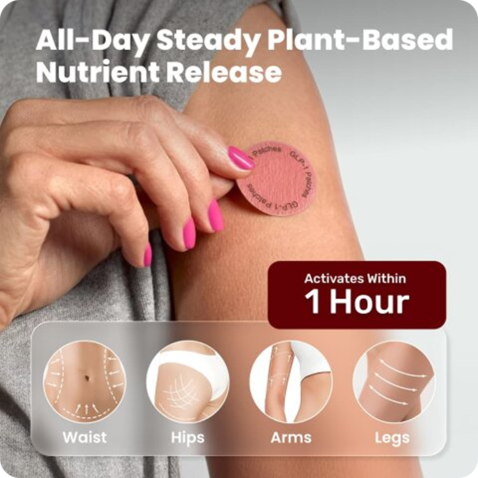 Woman wearing a discreet pink wellness patch on her upper arm